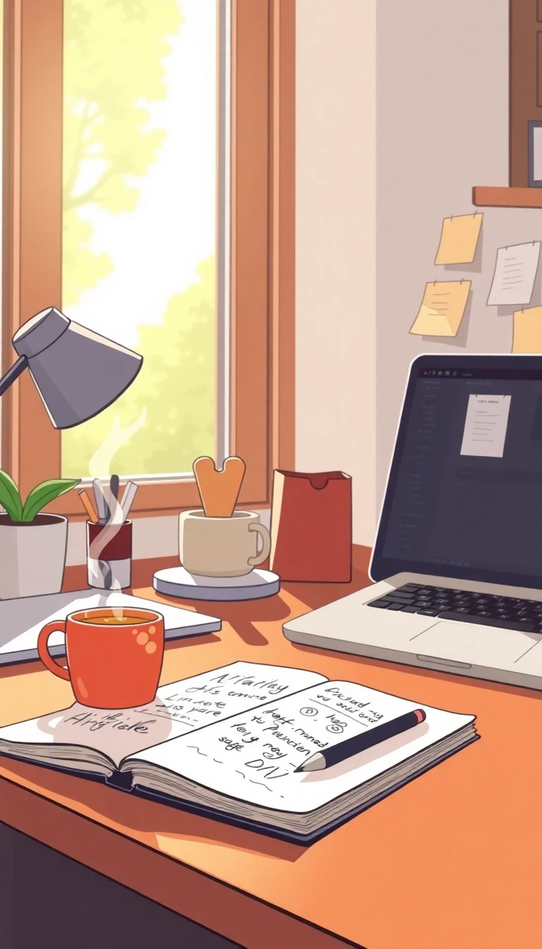 Illustration du matin : café, notes, ordinateur